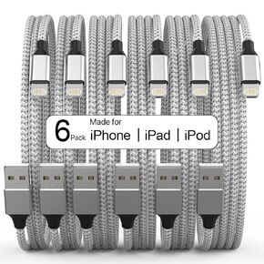 Lightning Cable [Apple MFi Certified] iPhone Charger 6Pack [3/3/6/6/6/10 Ft] Apple Charging Cable Fast Charging High Speed USB Cable Compatible iPhone 14/13/12/11 Pro Max/XS MAX/XR/XS/8-Silver&Grey