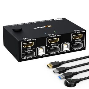Dual Monitor KVM Switch 4K@60Hz, HDMI+Displayport KVM Switch for 2 Computer Share 2 Monitor and 4 USB Port Keyboard Mouse,Wired Remote KVM Cables Included