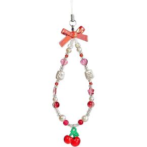 Red Cherry Phone Charm Strap Sweet Wrist Strap Cute Beaded Lanyard String Case Aesthetic Accessories for Women Girls