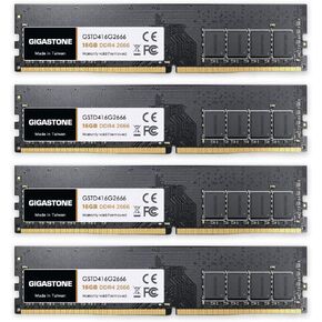 【DDR4 RAM】 GIGASTONE 64GB Kit (4x16GB) DDR4 2666MHz (2400MHz or 2133MHz) PC4-21300 (PC4-19200/17000) CL19 1.2V UDIMM 288 Pin Unbuffered Non ECC High Performance PC Desktop Memory Upgrade