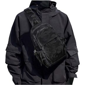 Small Black Crossbody Chest Backpack Shoulder Bag for Men Women, Lightweight One Strap Sling Bag for Hiking Walking Biking Travel Cycling USB Charger Port Nylon Camouflage