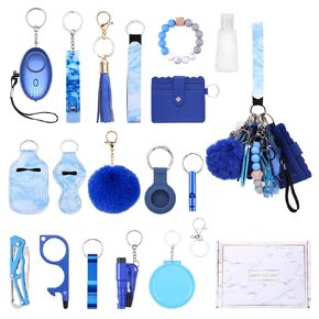 JXTZ Safety Keychain Set for Women, Wristlet Strap Keychain with Personal Alarm, Pom Pom, Wallet Card Holder, Bottle Opener, Travel Bottle Holder, Gift Set for Girls