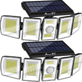 AmeriTop Solar Lights Outdoor 300 LED 7000K Motion Sensor Lights Cordless; 5 Adjustable Heads, 360° Wide Angle Illumination, IP65 Waterproof, Security LED Flood Light for Patio Yard Garden 2 Pack