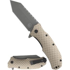 Off-Grid Knives - Rapid Fire Viper, Assisted Tanto Blade, Hard Use Build, Tactical, Camping & Survival EDC, Cryo D2 Steel, Graywash, Coyote G10 Scales, Deep Pocket Carry (Coyote)