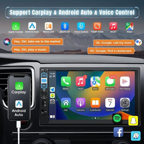 Naifay Double Din Car Stereo with Carplay Android Auto Voice Control, 7inch HD Touch Screen Car Radio Bluetooth, Car Audio Receivers, MirrorLink, SWC, FM Radio, USB/AUX/TF/Subwoofer in Saudi Arabia