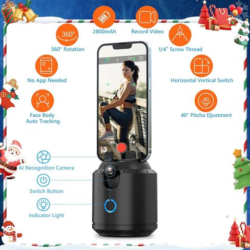 Auto Face Tracking Tripod 360°Rotation,2-Axis Auto Tracking Phone Holder,No App,Phone Camera Stand with Gesture Control,Rechargeable Smart Phone Stand for Live Vlog Video Streaming,Black in Saudi Arabia