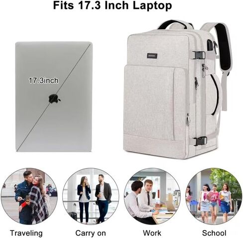 Travel Backpack for Men and Women, 40L Extra Large Flight Approved Carry on Backpack with Sturdy Zipper, 17.3 Inch Laptop Backpack with USB Charger Port & Luggage Sleeve, School Backpack, Black in Saudi Arabia