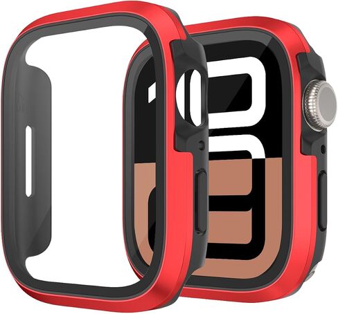 Miimall Tempered Glass Case Compatible for Apple Watch Series 10 (2024) 46mm, Hard PC Screen Protector Protection Ultra-Thin Lightweight Anti-Scratch Full Protective Cover for iWatch 46mm, Red in Saudi Arabia