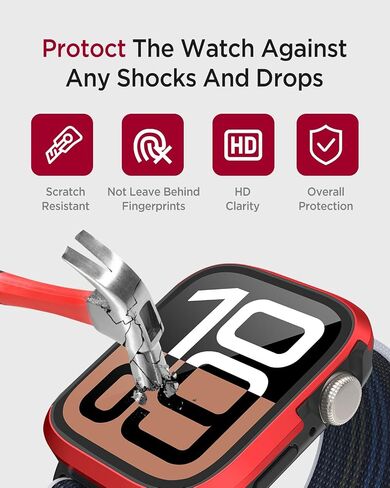 Miimall Tempered Glass Case Compatible for Apple Watch Series 10 (2024) 46mm, Hard PC Screen Protector Protection Ultra-Thin Lightweight Anti-Scratch Full Protective Cover for iWatch 46mm, Red in Saudi Arabia
