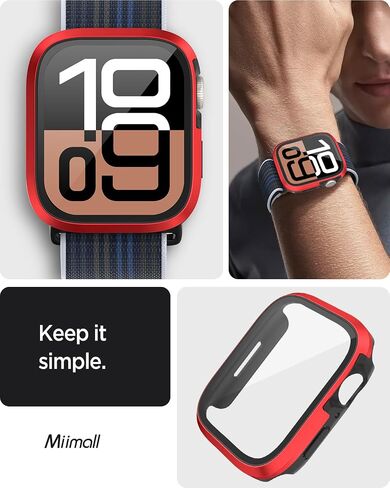 Miimall Tempered Glass Case Compatible for Apple Watch Series 10 (2024) 46mm, Hard PC Screen Protector Protection Ultra-Thin Lightweight Anti-Scratch Full Protective Cover for iWatch 46mm, Red in Saudi Arabia