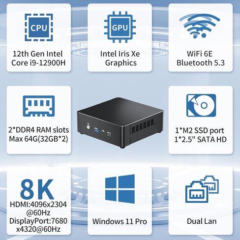 كمبيوتر msecore Mini PC i9، ذاكرة وصول عشوائي 64 جيجابايت، 1 تيرابايت PCIE 4.0 SSD مع كمبيوتر مكتبي Core i9-12900H، 1 * HDMI / 1 * DisplayPort / 1 * شاشة USB-C ثلاثية، 8K، 2.5G LAN، Dual NIC، WiFi 6e، VESA، Windows 11 برو (TPM 2.0) in Kuwait