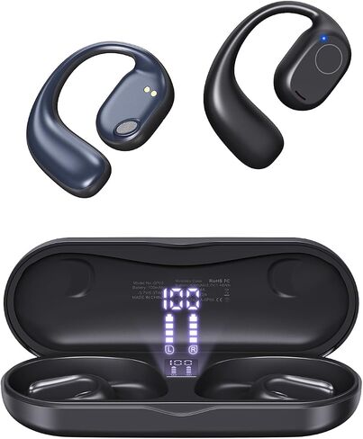 Open Ear Headphones, Bluetooth 5.3 Wireless Air Conduction Headphones Built-in Mic with Ear Hooks & LED Display Charging Case, 40H Playtime Earbuds IPX6 Waterproof for Running Fitness (Black) in Saudi Arabia