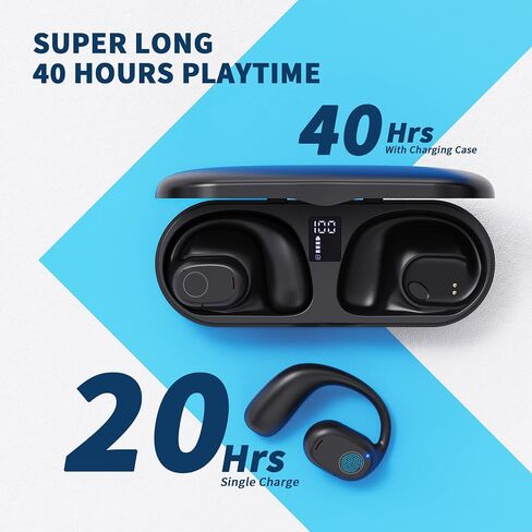 Open Ear Headphones, Bluetooth 5.3 Wireless Air Conduction Headphones Built-in Mic with Ear Hooks & LED Display Charging Case, 40H Playtime Earbuds IPX6 Waterproof for Running Fitness (Black) in Saudi Arabia