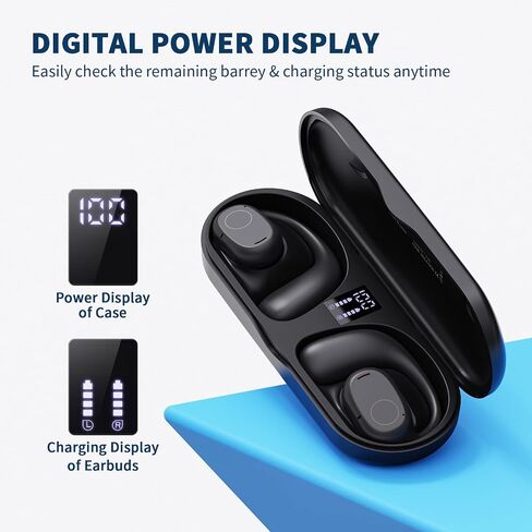 Open Ear Headphones, Bluetooth 5.3 Wireless Air Conduction Headphones Built-in Mic with Ear Hooks & LED Display Charging Case, 40H Playtime Earbuds IPX6 Waterproof for Running Fitness (Black) in Saudi Arabia