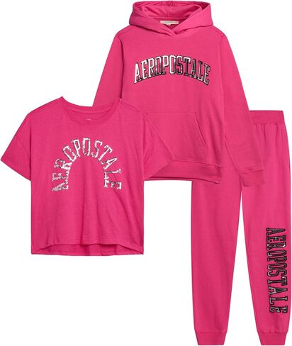 AEROPOSTALE Girls' Joggers Set - 3 Piece Cozy Fleece Pullover Hoodie, Jogger Pants, and Jersey Graphic Tee for Girls (7-16) in Kuwait