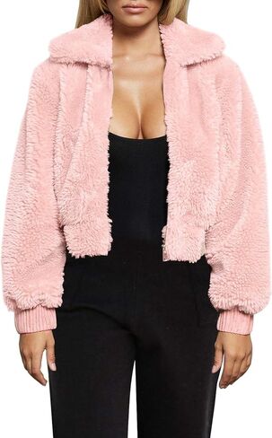 FANCYINN Womens Teddy Cropped Faux Fur Jacket Furry Lapel Coat Zip Up with Pockets Warm Winter in Saudi Arabia