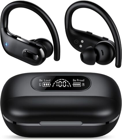 Bluetooth Headphones Wireless Earbuds 80Hrs Playtime with LED Charging Case Sports Ear Buds with Earhook Deep Bass IPX7 Waterproof Over-Ear Earphones Built-in Mic for Exercise Running Black in Saudi Arabia