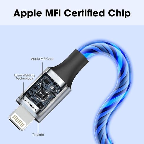 سلك شاحن iPhone مضيء، 6 أقدام - كابل شحن iPhone LED [معتمد من Apple MFi] - متوافق مع iPhone 14/13/12/11/XR/XS/X/8، iPad، AirPods، iPod، والمزيد (أزرق) in Kuwait