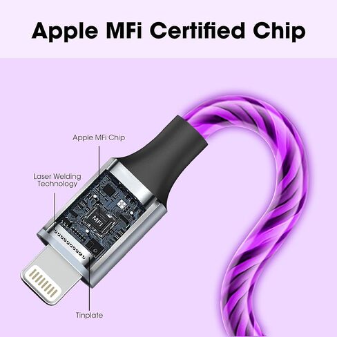 سلك شاحن iPhone مضيء، 6 أقدام - كابل شحن iPhone LED [معتمد من Apple MFi] - متوافق مع iPhone 14/13/12/11/XR/XS/X/8، iPad، AirPods، iPod، والمزيد (أزرق) in Kuwait