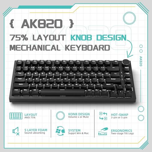 Attack Shark ajazz AK820 Mechanical Gaming Keyboard with Knob 75% Keyboard Hot Swappable Type-C Wired Gasket 5-Layer Noise Absorbing Foam White LED Backlit NKRO Linear Red Switch for PC/Win/Mac-Black in Saudi Arabia