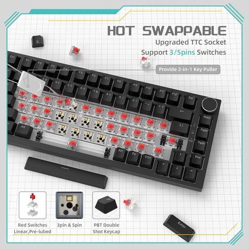 Attack Shark ajazz AK820 Mechanical Gaming Keyboard with Knob 75% Keyboard Hot Swappable Type-C Wired Gasket 5-Layer Noise Absorbing Foam White LED Backlit NKRO Linear Red Switch for PC/Win/Mac-Black in Saudi Arabia