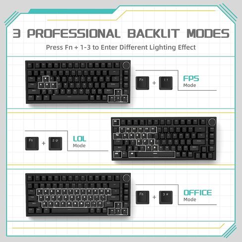 Attack Shark ajazz AK820 Mechanical Gaming Keyboard with Knob 75% Keyboard Hot Swappable Type-C Wired Gasket 5-Layer Noise Absorbing Foam White LED Backlit NKRO Linear Red Switch for PC/Win/Mac-Black in Saudi Arabia