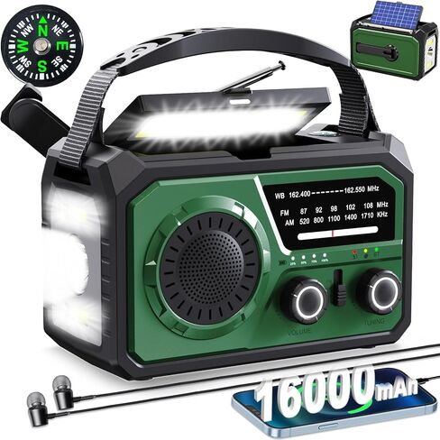 16000mAh Hand Crank Emergency Weather Radio with Wireless Speaker, 59200mWh NOAA AM FM Solar Radio with Flashlight Cell Phone Charger Reading Lamp Compass SOS for Camping and Survival (Arm Green) in Saudi Arabia