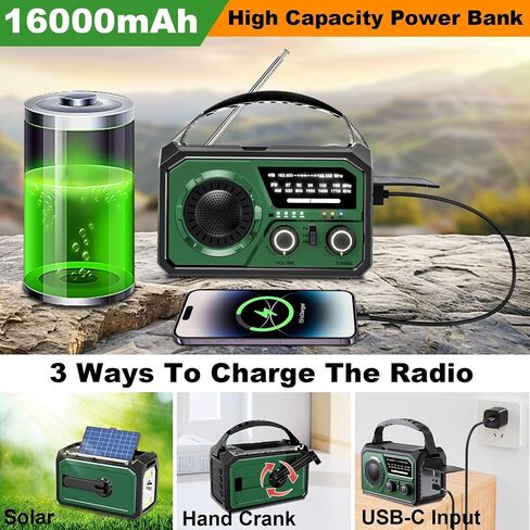 16000mAh Hand Crank Emergency Weather Radio with Wireless Speaker, 59200mWh NOAA AM FM Solar Radio with Flashlight Cell Phone Charger Reading Lamp Compass SOS for Camping and Survival (Arm Green) in Saudi Arabia