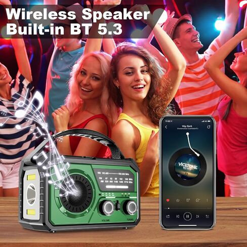 16000mAh Hand Crank Emergency Weather Radio with Wireless Speaker, 59200mWh NOAA AM FM Solar Radio with Flashlight Cell Phone Charger Reading Lamp Compass SOS for Camping and Survival (Arm Green) in Saudi Arabia