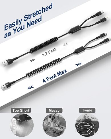 Coiled Lightning Cable for iPhone 15 Pro Max, Curled Multi Charging Cable Wire 2-in-1 USB to Lightning/Type C Port Fast Charging Cord for Car, Apple 16 14 Plus 13 12 11 iPad Air Mini, Galaxy, Pixel in Saudi Arabia