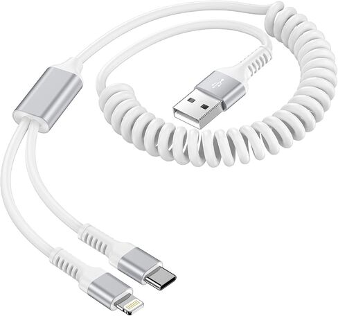 Coiled Lightning Cable for iPhone 15 Pro Max, Curled Multi Charging Cable Wire 2-in-1 USB to Lightning/Type C Port Fast Charging Cord for Car, Apple 16 14 Plus 13 12 11 iPad Air Mini, Galaxy, Pixel in Saudi Arabia