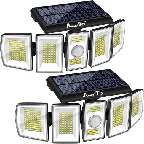 أضواء AmeriTop الشمسية في الهواء الطلق 300 LED 7000K أضواء استشعار الحركة اللاسلكية؛ 5 رؤوس قابلة للتعديل، إضاءة بزاوية واسعة 360 درجة، مقاومة للماء IP65، كشاف LED للأمان لحديقة الفناء، عبوة من قطعتين in Kuwait