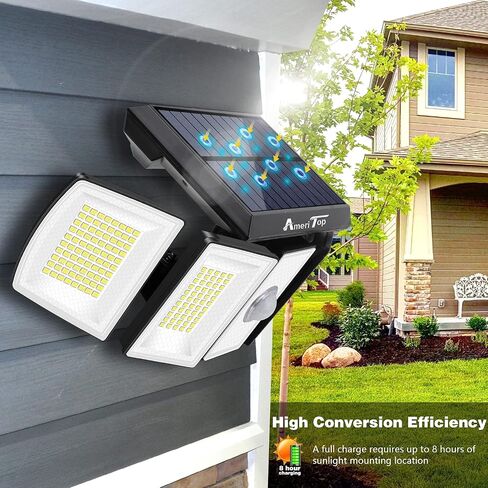 أضواء AmeriTop الشمسية في الهواء الطلق 300 LED 7000K أضواء استشعار الحركة اللاسلكية؛ 5 رؤوس قابلة للتعديل، إضاءة بزاوية واسعة 360 درجة، مقاومة للماء IP65، كشاف LED للأمان لحديقة الفناء، عبوة من قطعتين in Kuwait
