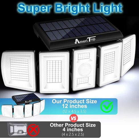 أضواء AmeriTop الشمسية في الهواء الطلق 300 LED 7000K أضواء استشعار الحركة اللاسلكية؛ 5 رؤوس قابلة للتعديل، إضاءة بزاوية واسعة 360 درجة، مقاومة للماء IP65، كشاف LED للأمان لحديقة الفناء، عبوة من قطعتين in Kuwait