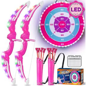 2-Pack Bow and Arrow Toys for Girls - Kids Archery Set with Light-up Target, 2 Bows and 14 Sticky Arrows, Indoor Outdoor Birthday Games Gifts for Girls Ages 4 5 6 7 8-12