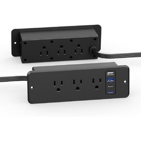 CCCEI 6 Outlets Dual Side Recessed Power Strip with 45W USB C Port, Furniture Flush Mount, Under Desk, Desk Top Multiple Outlet, Hidden Charging Station for Conference Table, Nightstand, Black. 6FT.
