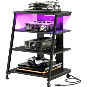 4-Tier AV Media Stand with Wheels, Stereo Stands, Media Console Shelf with Power Strips, LED Lights, Wooden Audio Cabinet Rack Tower for Record Player/Apple TV/ps4, Black TCJ60UDBB