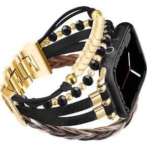 Boho Bracelet Compatible for Apple Watch Band 40mm Women, Multilayer Wrap Strap for Apple Watch 41mm 38mm, Leather Copper Pipe Apple Watch Bands for iWatch Series 10/9/8/7/6/5/4/3/2/1/SE - Khaki