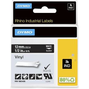 DYMO Rhino Industrial Vinyl Labels, 1/2", White Print on Black Tape
