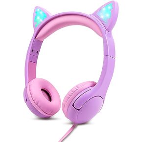 Kids Headphones, Safe 85db Volume Control Light Up Cat Ear Headphones for iPad Fire Tablet Kindle, On-Ear LED Children Headphones for School Learning Travel - Purple/Pink