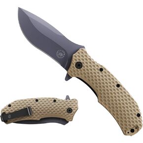 Off-Grid Knives - Rapid Fire Coyote, Large Assisted EDC, Hard Use Construction, Camping and Survival, Cryogenic D2 Blade Steel, Titanium Nitride Coating with G10 Scales, Deep Pocket Carry