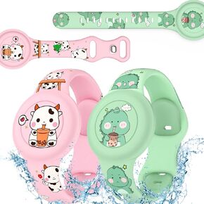 2 Pack Waterproof Air Tag Bracelet for Kids, Cute Cartoon AirTag Holder for Kids Soft Silicone Full Coverage Hidden Airtags Wristband for Apple GPS Tracker Item Finders,Planet & Cars