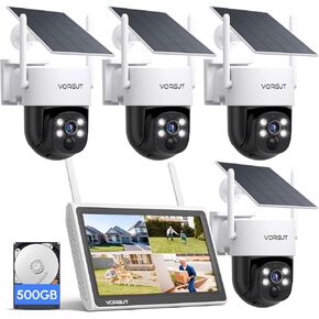 Solar Security Camera System with Monitor, 4PCS 4MP Solar Powered PTZ Camera Outdoor, 10CH NVR with 500G HDD, Surveillance Camera Kits for Home Security, Human Detection/2-Way Talk