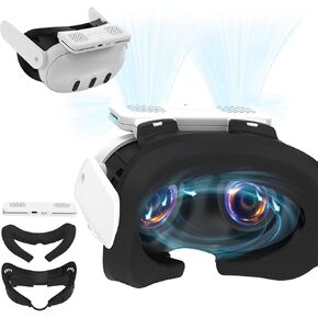 Hibloks Cooling Fan Mask for Meta/Oculus Quest 3 Accessories, Circulates Ventilation to Eliminate Glass Fogging (Breathable Ice Silk Cotton) 3-in-1 Face Pad with Booster Pad for Glasses Wearers