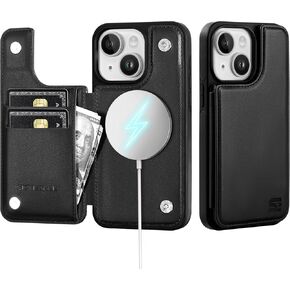 for iPhone 15 Wallet Case with Card Holder Compatible with Magsafe Kickstand RFID Blocking Flip Cover Credit Card Slots PU Leather Men Women Phone Case for Apple 15 6.1",Black