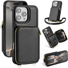 Compatible with iPhone 16 Pro Wallet Case for Women【RFID Blocking】 Crossbody Phone Case PU Leather Zipper Handbag Wrist Strap Cover Credit Card Holder,for Apple 16 Pro 6.3",Black