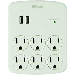 Woods 41079 Surge Protector with 6 Outlets and 2 USB Type A Ports with 1000J of Protection, White