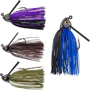 RUNCL Anchor Box - Bass Fishing Jigs - Flipping Jigs, Swim Jigs, Football Jigs - Spike Trailer Keeper, Silicone Skirts, Streamlined Head, Weedguard System, Proven Colors - Fishing Lures (Pack of 4)