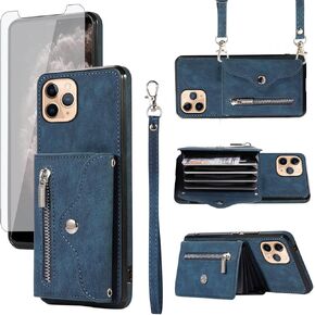 Asuwish Phone Case for iPhone 11 Pro 5.8 Wallet Cover with Wrist Crossbody Strap Lanyard Credit Card Holder Stand Leather Cell Accessories iPhone11pro iPhone11 i XI 11s 11pro Women Men Black