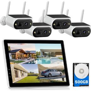 CAMCAMP Solar Security Camera System Wireless Outdoor with 10" IPS Monitor & 500GB HDD, 4MP Solar Cameras for Home Security, Continuous Power, 10CH Expandable, Local Storage, 2.4/5GHz WiFi